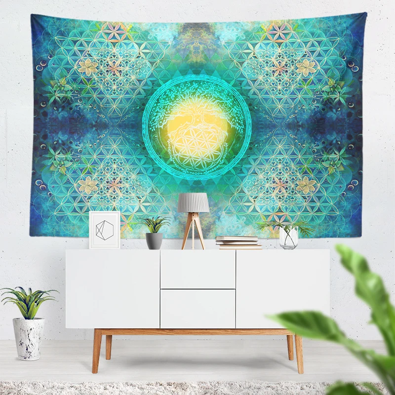 Mint Green Tree Flower of Life Tapestry Wall Hanging Pagan Altar Cloth Spiritual Energy Home Decoration Reiki Boho Wall Cloth