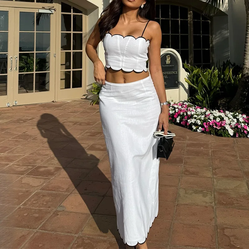 

Sexy Backless Hollowed Out Party Sets White Slim Fit Beach Two Piece Summer Off Shoulder Camisole Top and Skirt Women's Outfit