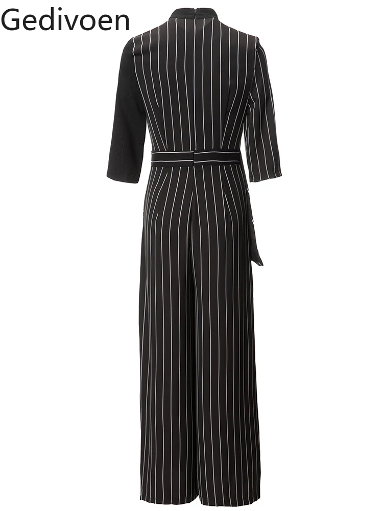 Gedivoen 2024 Spring Summer Fashion Runway Office Jumpsuit Women Elegant Office Stripe Button Temperament High Waist Jumpsuit