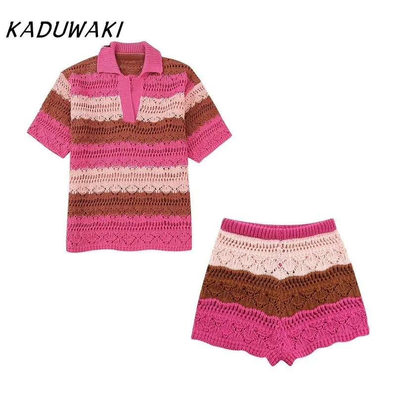 KADUWAKI 2024 Spring/Summer Style Flip V-neck Short Sleeve Striped Tops Fashion High Waist Shorts Knitted Set Clothing for Women