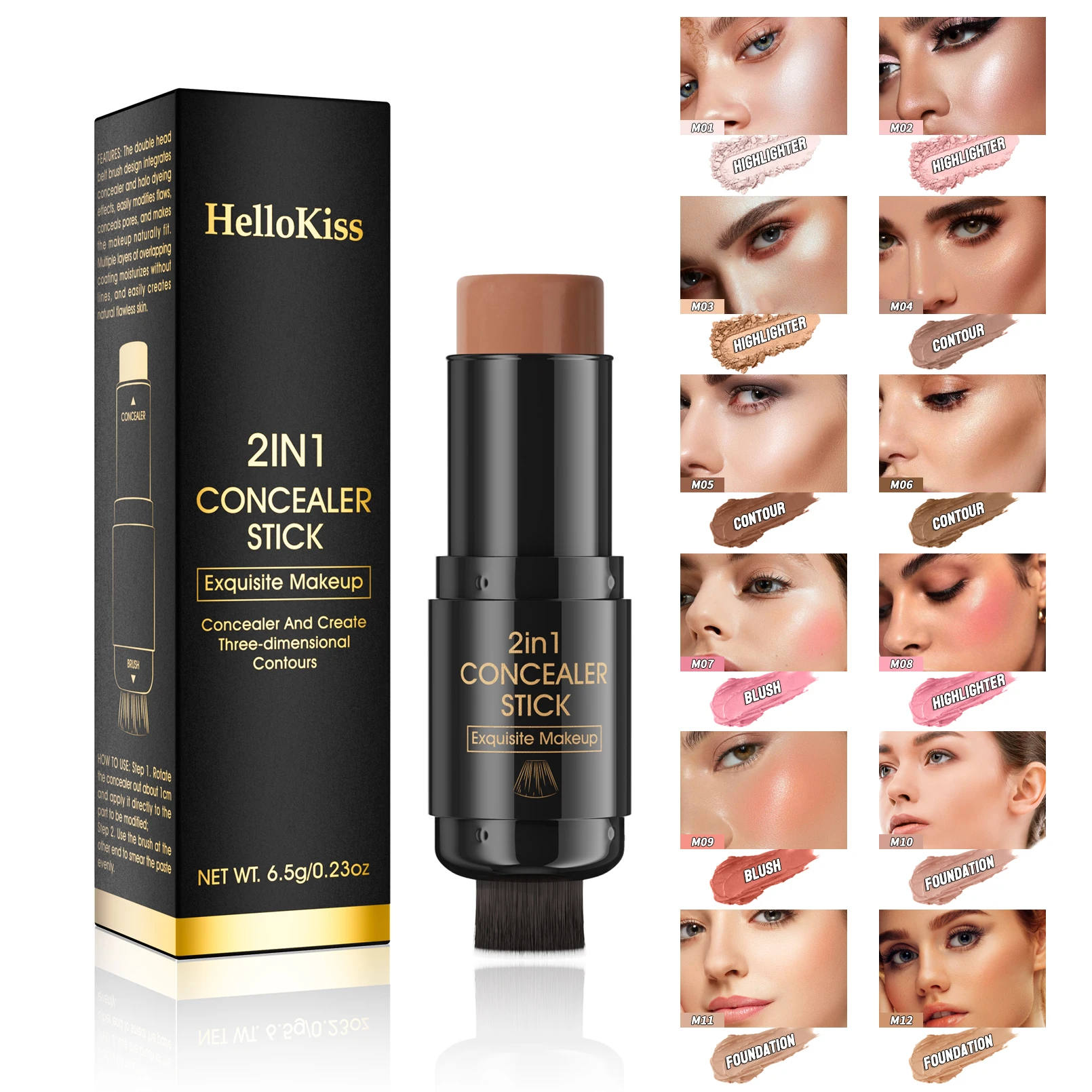 ダブルヘッドフェイスブロンザーコンタースティッククリームメイクアップライトダークシャドウ持続コンシーラーフェイシャルブライトニング輪郭形成ブラシ付き