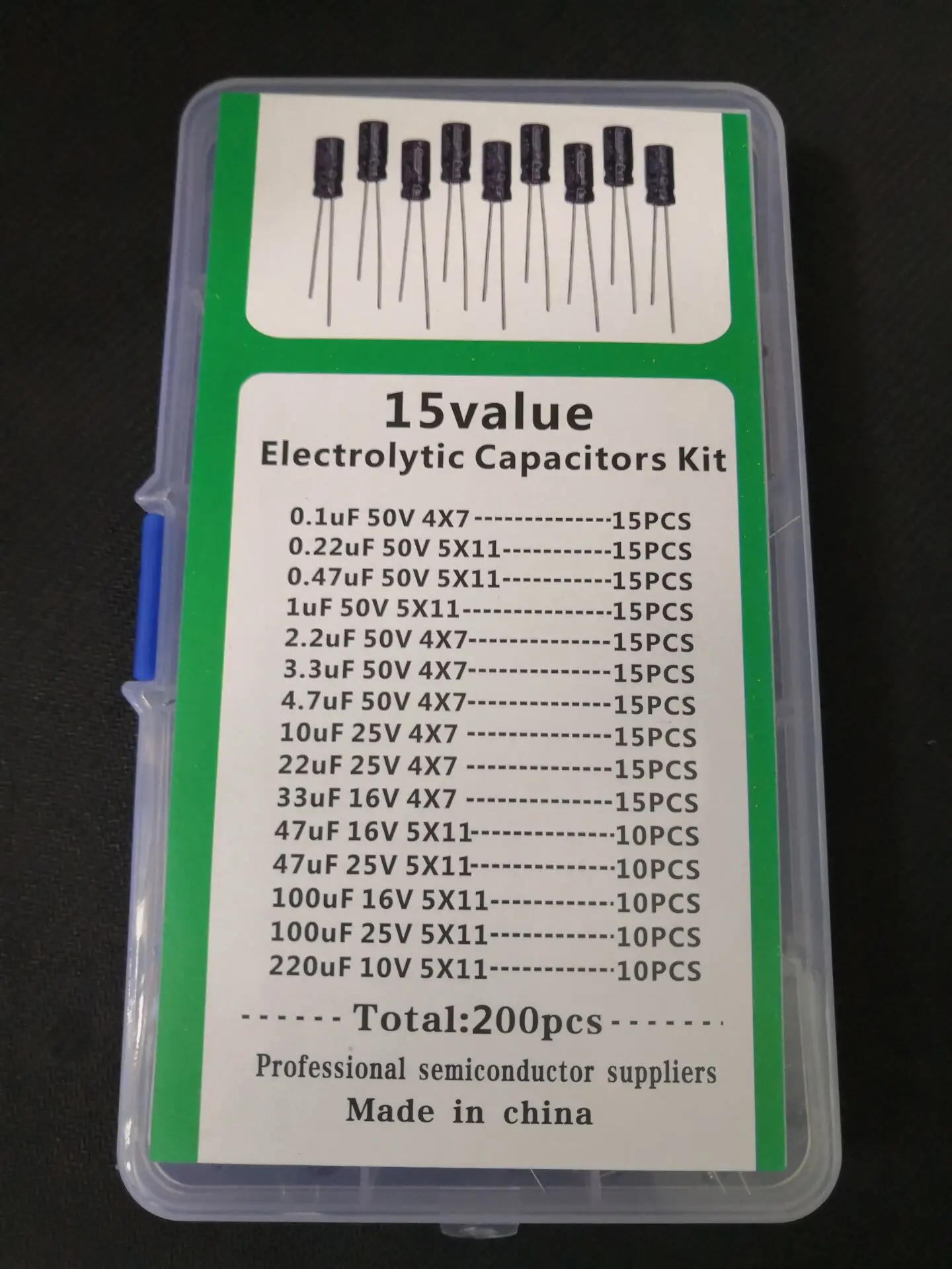 15Value Kit 50v 25v 16V 10V 0.1/0.22/0.47/1/2.2/3.3/4.7/10/22/33/47/100/220uf Assort Box 200PCS Aluminum Electrolytic Capacitor