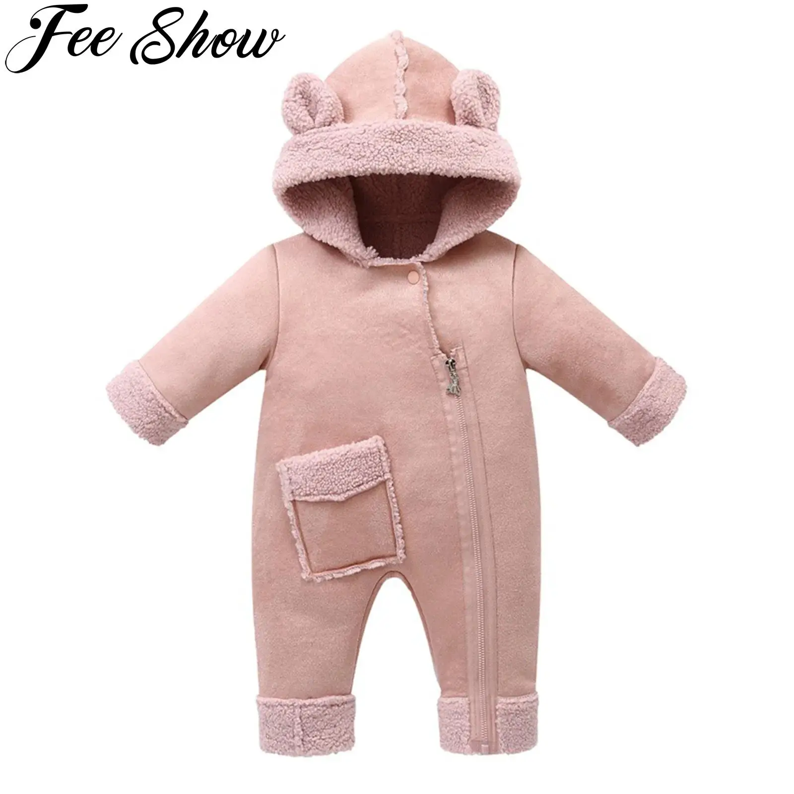 

Winter Baby Rompers Newborn Thick Warm Fleece-Lined Hooded Jumpsuit Long Sleeves Zipper Bodysuit with Pocket Infant Clothes