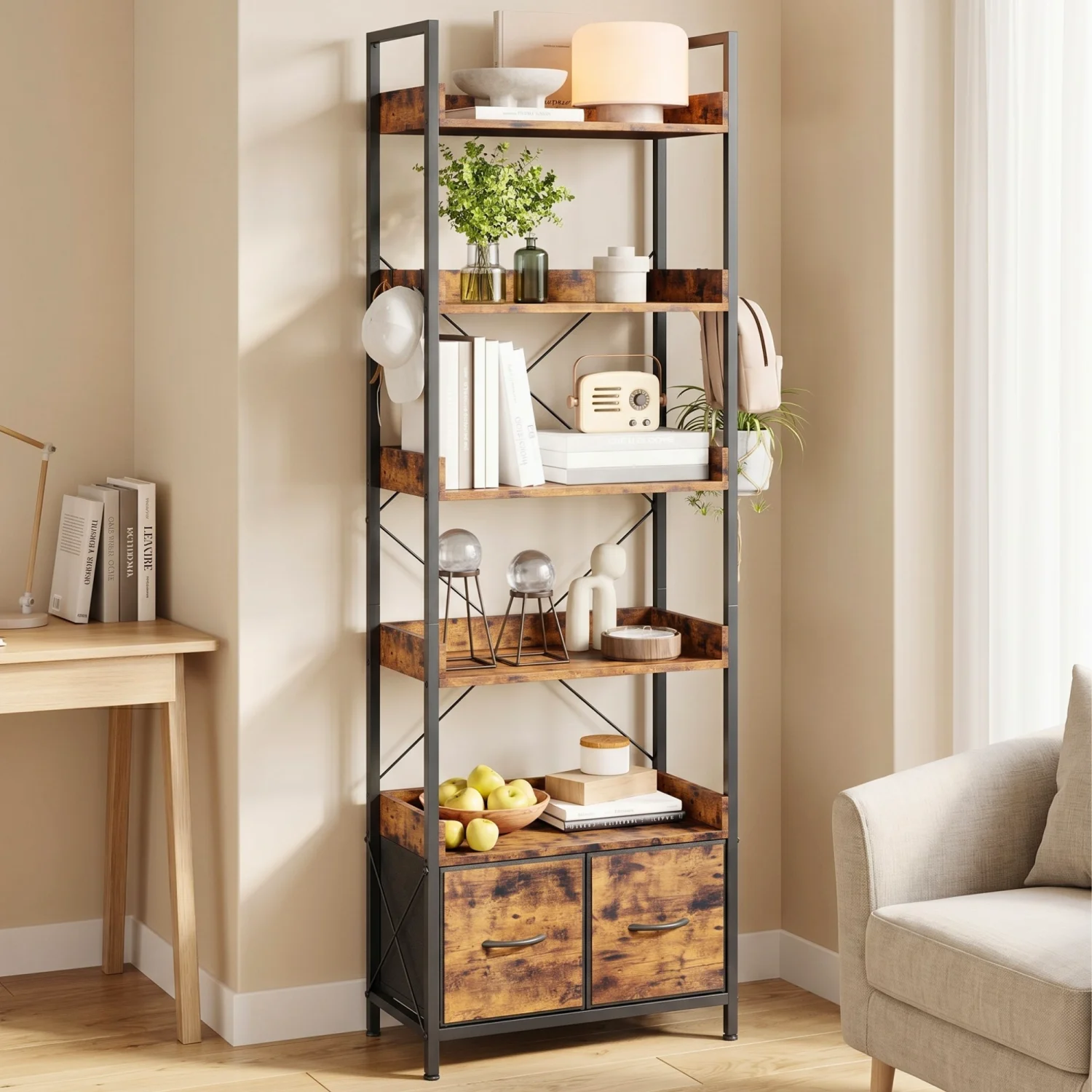 Industrial Modern 6 Tier Tall Bookshelf Freestanding Space Saving Bookcase Organizer with Vintage Fabric Drawer Metal Frame Vintage Wood Display Rack for Bedroom Living Room Home Office Apartment Storage