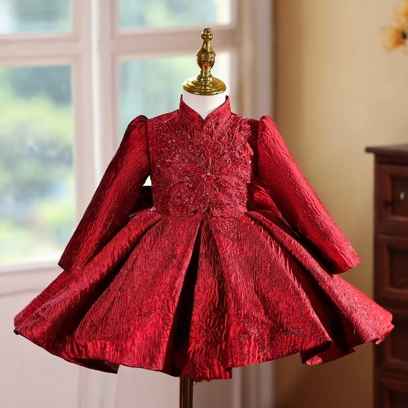 Girls Red Chinese Style Princess Dress Puffy Ball Gown Children Long Host Pageant Wedding Sleeve Party Dress  Piano Performance