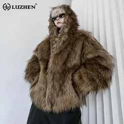 LUZHEN Hooded Faux Fur Cotton Coats Trendy Vintage American Street Casual High Quality Clothing Men Winter Outerwear 2024 LZ6947