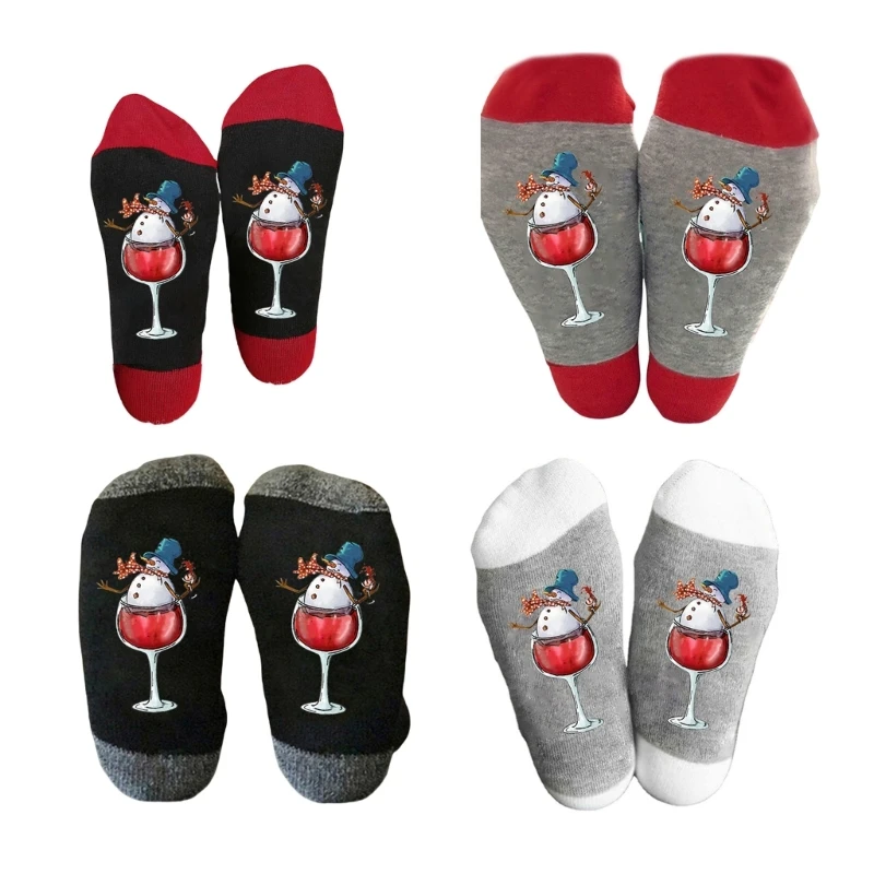 

Snowman in Wine Glass Pattern Christmas Socks Breathable Cotton Hosiery