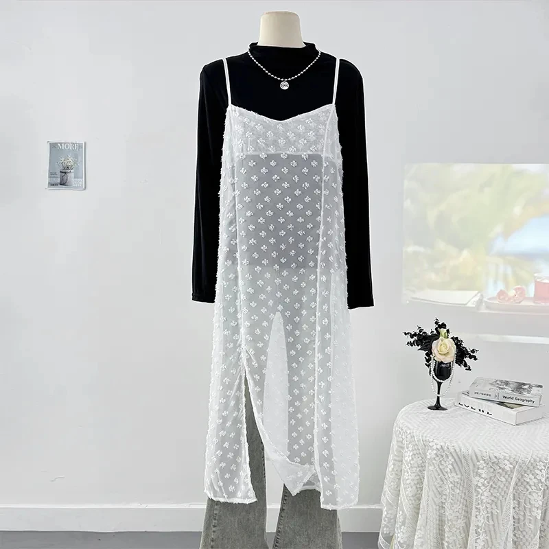 Korean Style Jacquard Suspender Dress Women 2025 Spring Sleeveless Sheer Overlap Split Mid Length Dresses Fashion Robe