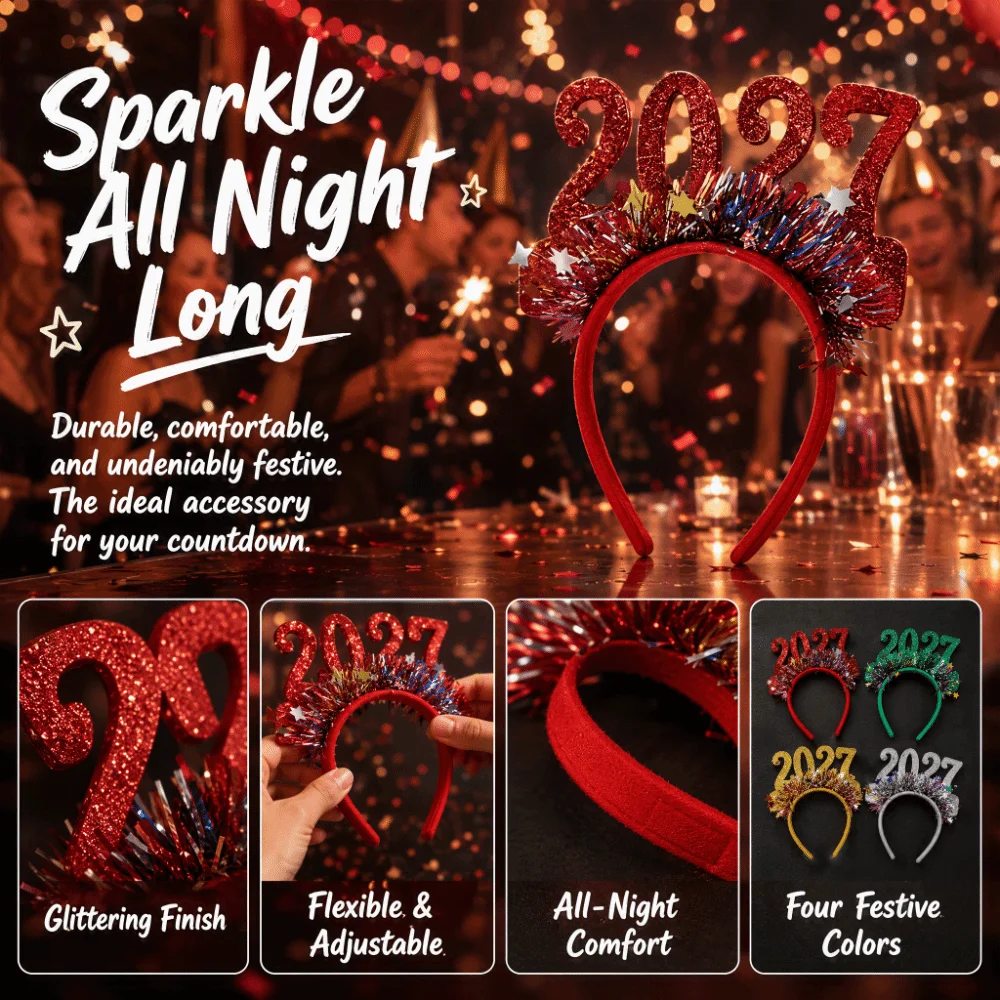 Adjustable Size 2027 Christmas Headband Light-Up Function Glitter Sequined Party Hair Hoop Flexible Design Plastic Frame