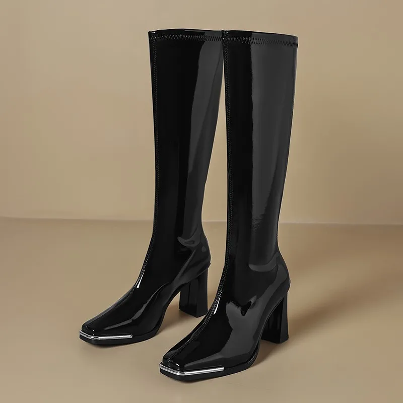 Knee High Boots Autumn New Square Toe Metal Head Guard Patent Leather Back Zip Non-Slip Block Heel Thigh Boots