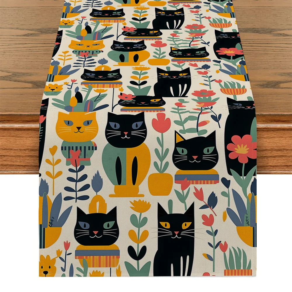 Cat and Dog Floral Doodle Table Runners Party Table Decor Farmhouse Dining Table Runner Decorations Washable Dining Long Cloth