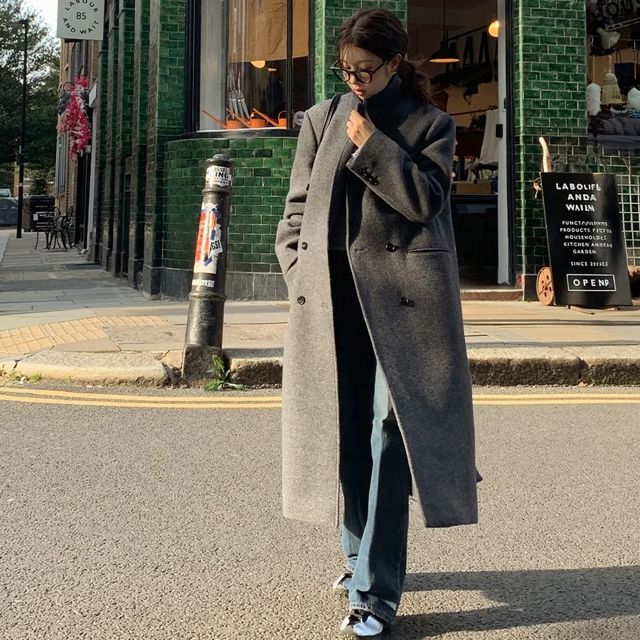 

Ele Long Woolen Coat Women's Chic Autumn Winter Double Breasted Suit Collar Double Breasted Long Coat Vintage High End Fe...