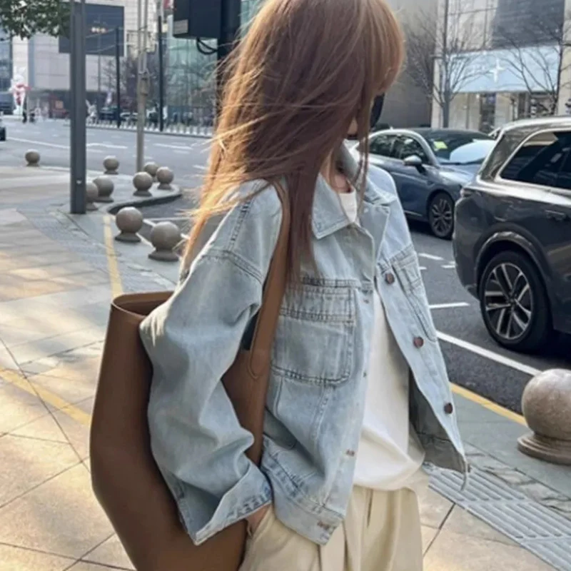 

Корейская джинсовая куртка Harajuku Y2K, женская модная повседневная свободная куртка с длинными рукавами, уличные классические простые весенне-летние топы