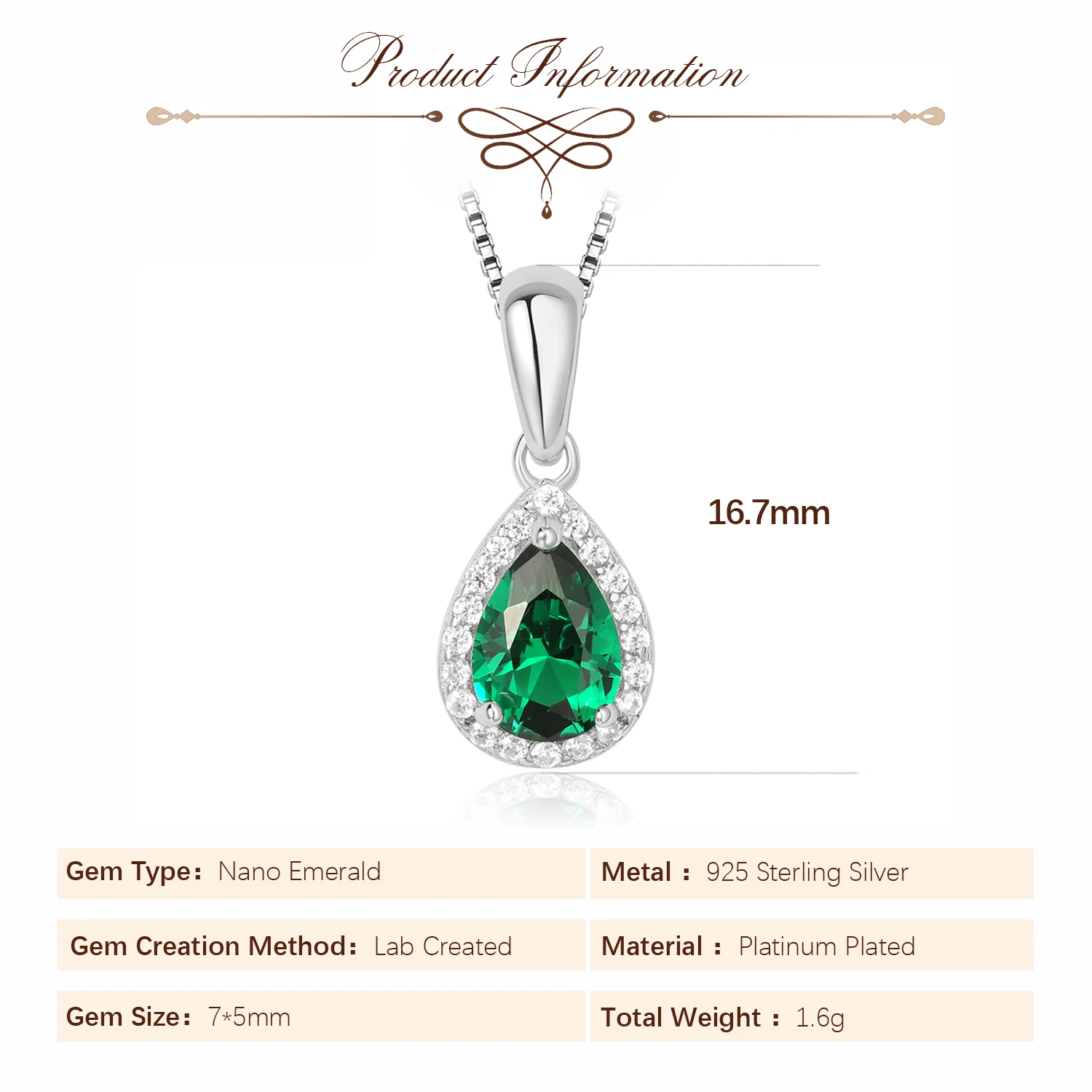 Potiy Pear Simulated Nano Emerald 925 Sterling Silver Pendant Necklace no Chain Women Gemstone Statement Daily mini cute gift