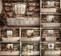 Mehofond Photography Background Winter Christmas Kitchen Cabinets Window Xmas Kids Family Portrait Decor Backdrop Photo Studio