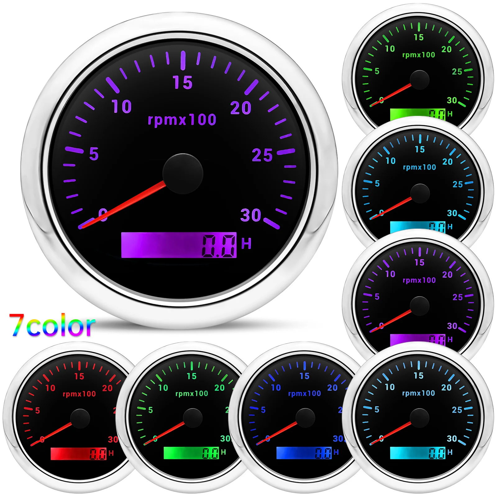 85MM Digital Tachometer 7 Colors Backlight 3000/4000/6000/7000/8000 RPM Meter with LCD Hour Meter for Car Marine Boat Yacht RV