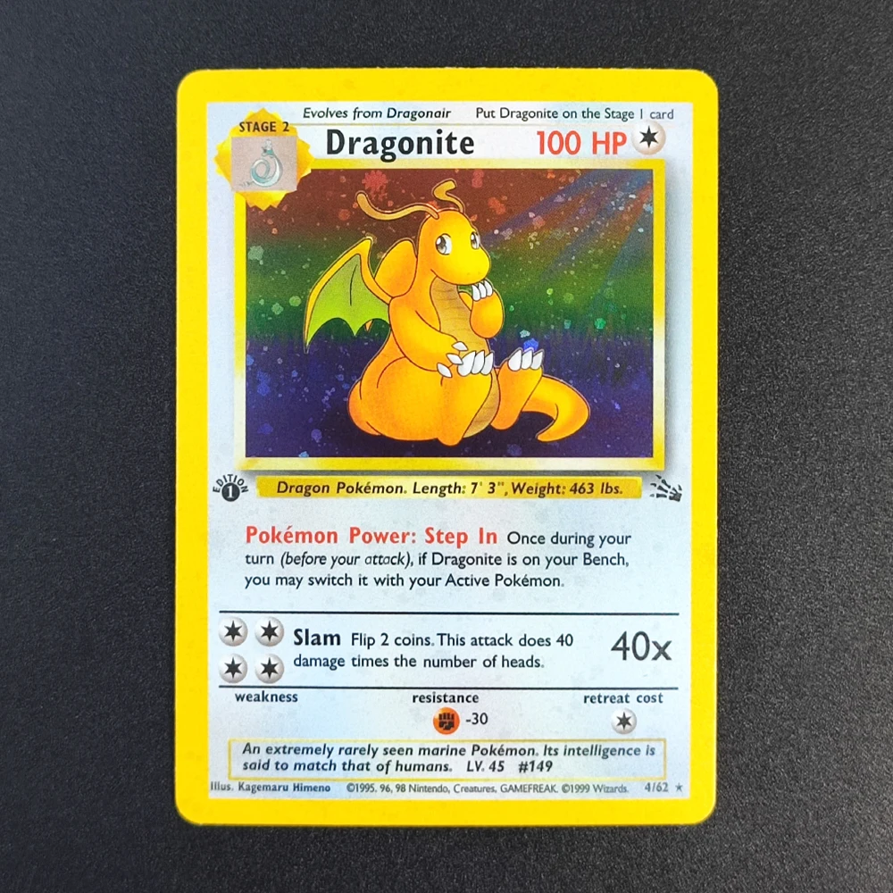 Tarjeta Proxy Pokémon EN Fossil 1ª Edición Dragonite 4-62, Tarjeta Coleccionable Súper Rara, Individual, Clásica, de Anime, Juego, Juguetes