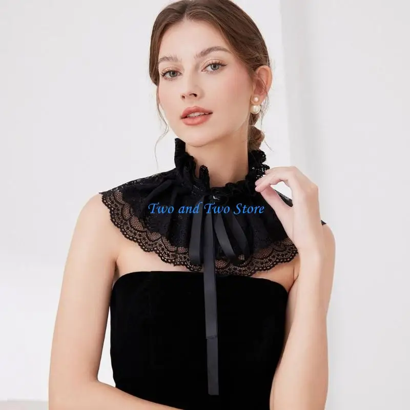 Hx6f ruffle renda berdiri kerah palsu dengan pita untuk wanita victorian leher terlepas ruff dekoratif selendang hitam cape