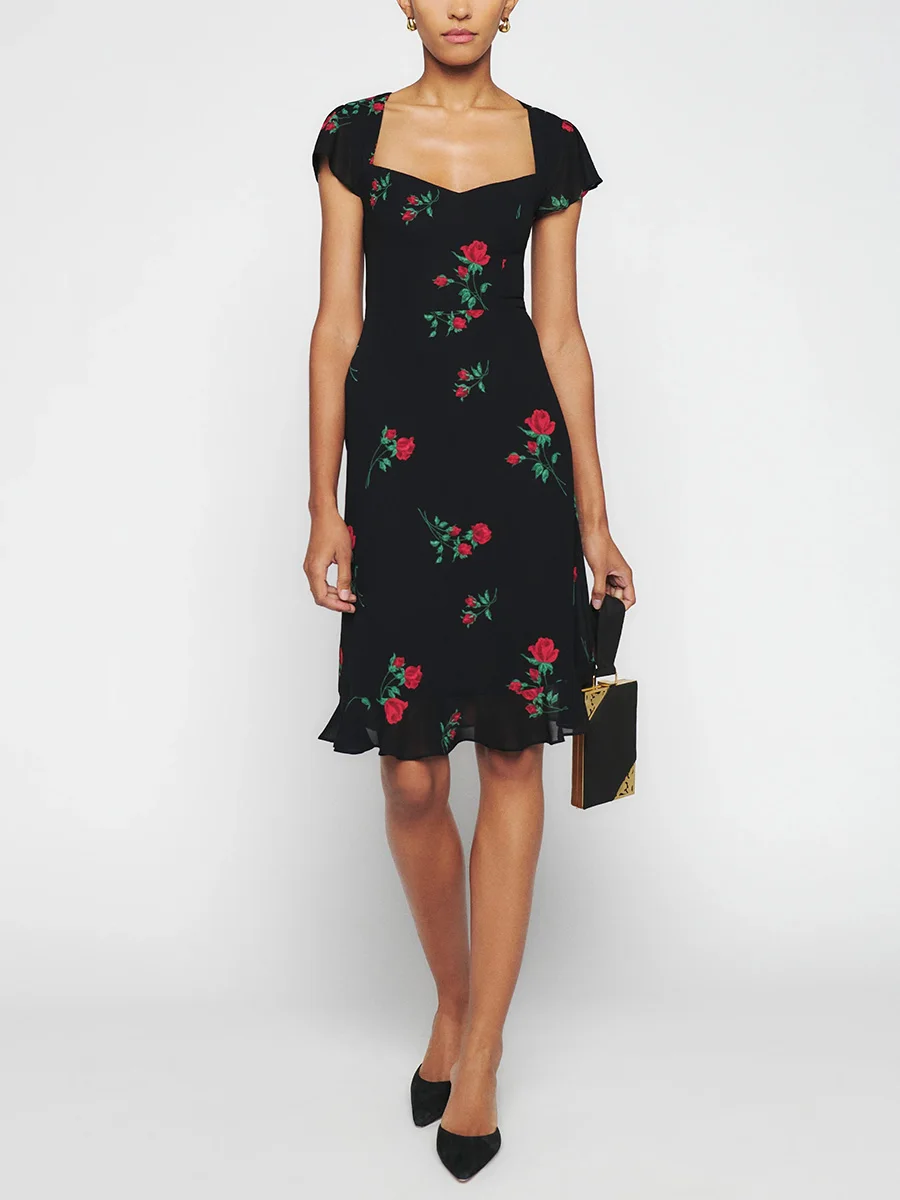 Zomer Vrouwen Jurk 2023 Nieuwe Korte Mouw Rose Bloemenprint Vintage Midi Jurk Sweetheart Hals Ruche Zoom Elegante Partij Jurken