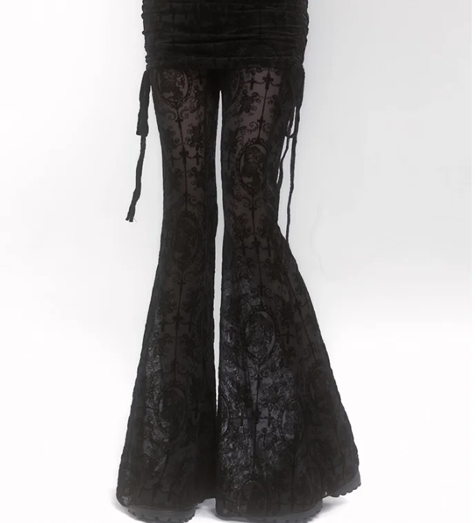 Temperament Subculture Fake Two-piece Black Lace Micro-flared Pants Goth Women High Waist Versatile Fashion Versatile Trousers