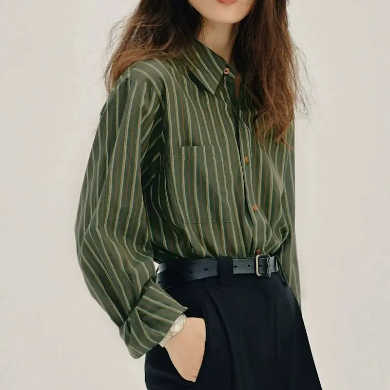 

Spring/Autumn New Elegant Fashion Casual Polo Collar Long Sleeve Striped Shirt Original Design Luxury Exquisite Unique Women Top