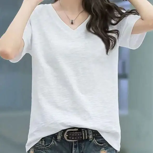 綿00% 竹レーヨン 半袖 レディース Tシャツ ルーズフィット Vネック トップス 韓国風 プラスサイズ ハーフスリーブ シャツ