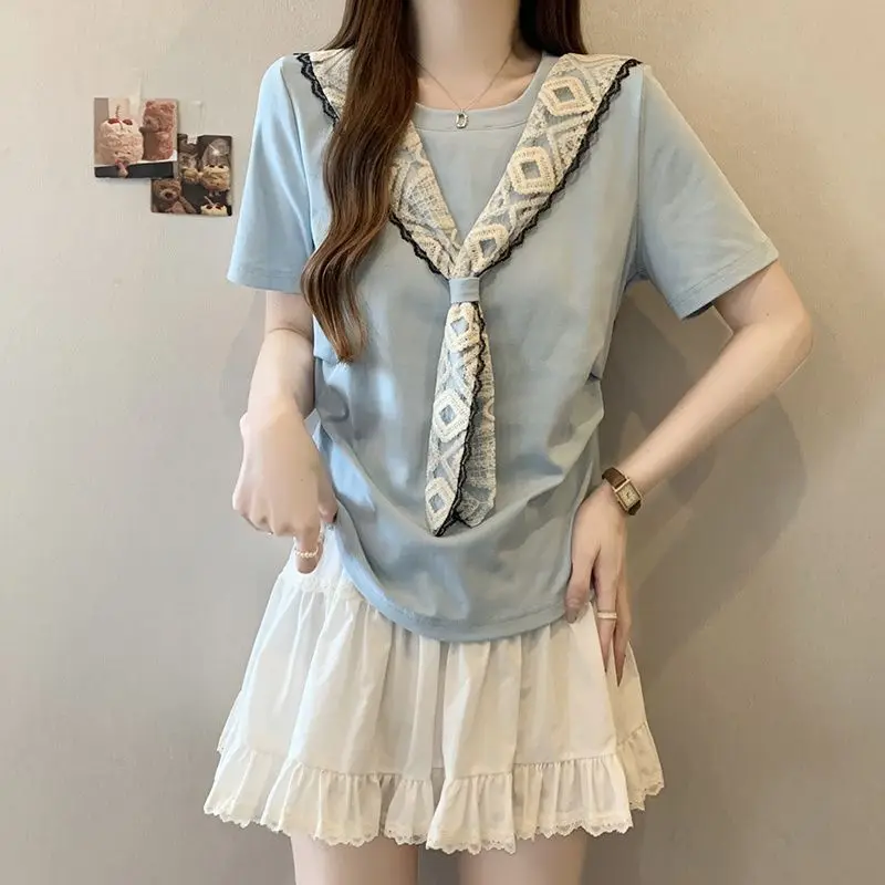 Plus-size women's summer new style noble lady style loose slimming lace shawl regular shoulder short-sleeve T-shirt