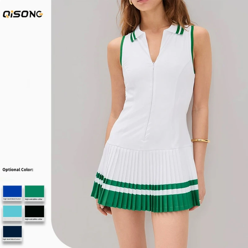 Women Tennis Dress V-neck Zipper Sports Golf Dresses with Shorts & Pocket Ladies Slim Pleated Workout Fitness Skirts New Arrival