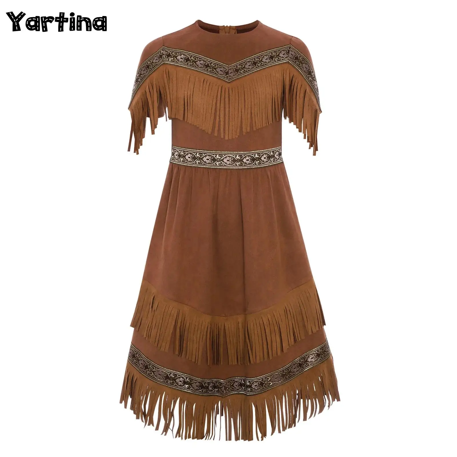 

Костюм принцессы индийского коренного цвета для девочек, карнавальный костюм пещерного человека, дикое платье на Хэллоуин с бахромой и кисточками по подолу с невидимой молнией