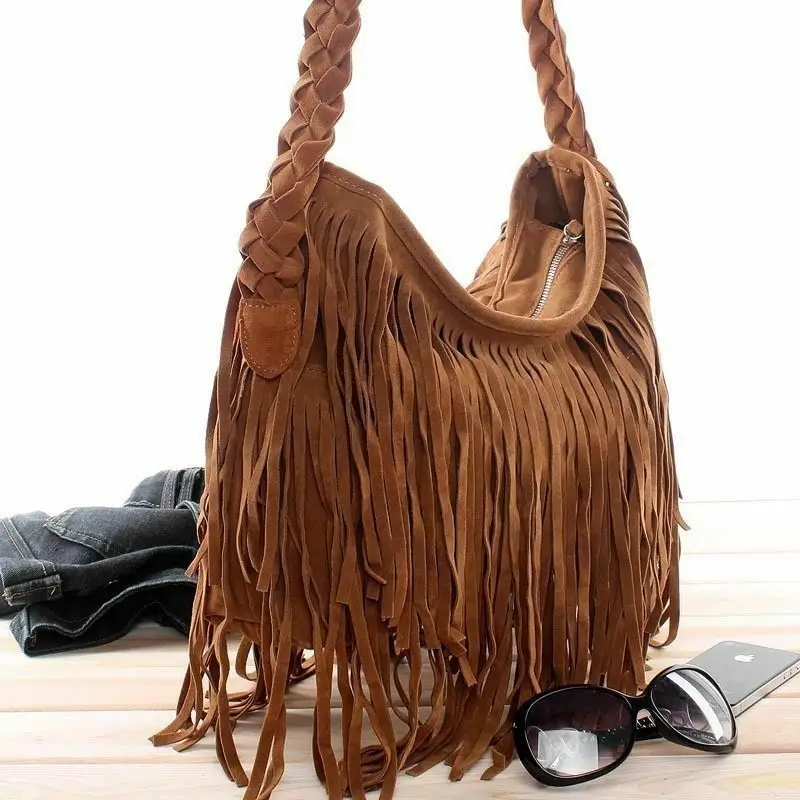 Hirigin Women Shoulder bag Solid Tassels Trending Cross Body Bag Tassel Suede Faux fur Fringe Messenger Shoulder Handbag