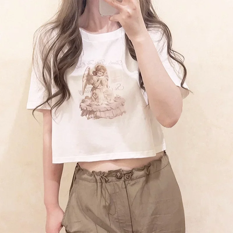 

Cotton T-shirt Women Summer 2024 Cute Tshirt Sweet Girl Angel Print O-Neck Short Tops Tee Kawaii Clothes