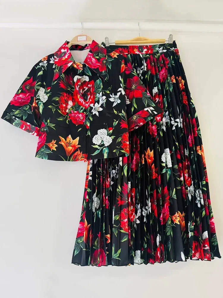 

Дизайнерская короткая рубашка с лацканами в стиле ретро, комплект из двух предметов на лето 2023, женская одежда + свободная юбка со складками и высокой талией