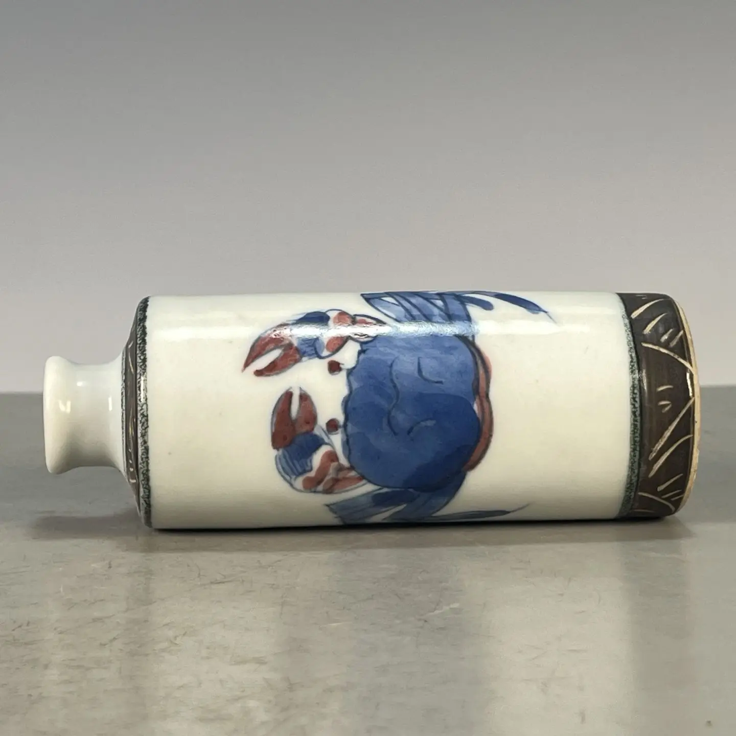 Mini Fine Porcelain Vase Dual Underglaze Blue & Copper Red Hand-Painted Crab Motifs Chinese Auspicious Wealth Curio