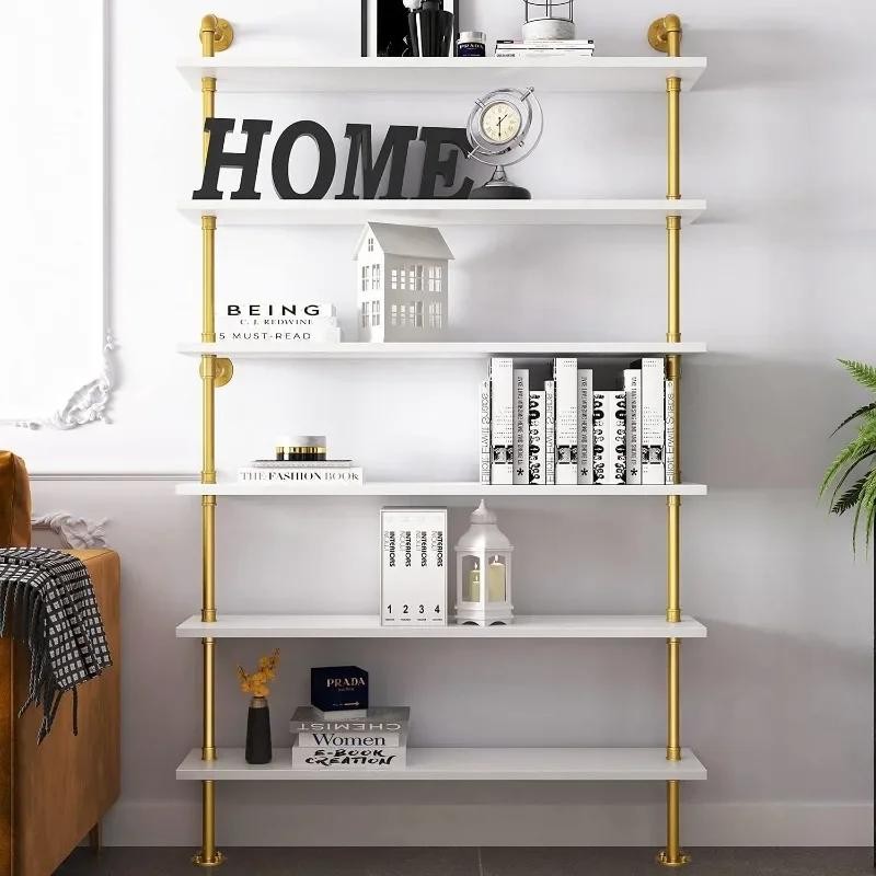 BOSURU Gold Wall Bookshelves with White Shelves Rustic Industrial Ladder Bookshelf, Industrial Pipe Shelf for Living Room