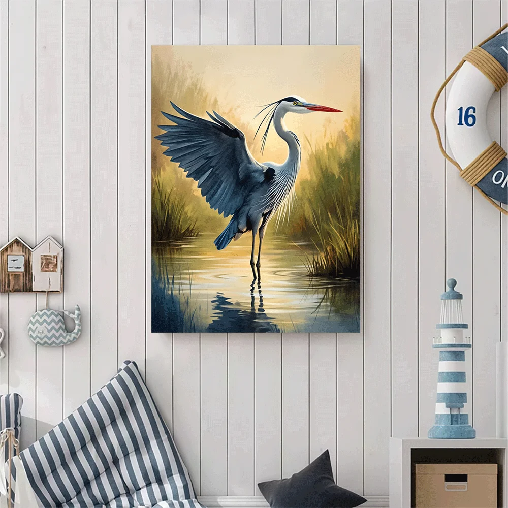 1PC-Canvas poster Unframed  Blue Heron Water Bird Nature Art Canvas Print  summer
