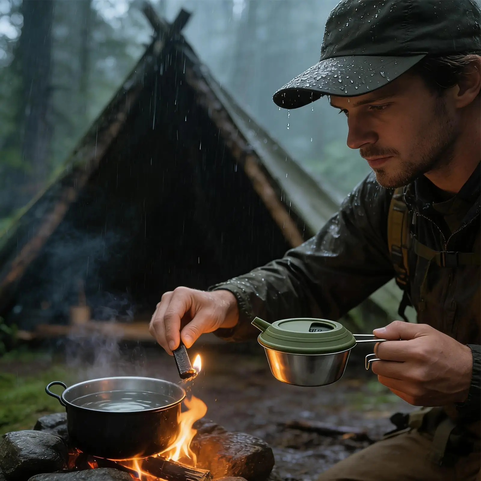 Camping Mug with Lid Stainless Steel Folding Handle with Silicone Lid Kettle Backpacking Cup for Travel Outdoor Hot Cold Coffee