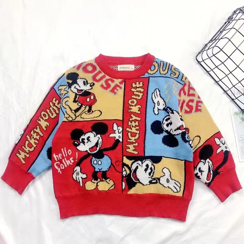 Autumn Winter Clothes Kid Boy Sweater Girl Thick Knitted Cotton Cartoon Mickey Mouse Print Children Pajama Coat Sweatshirts