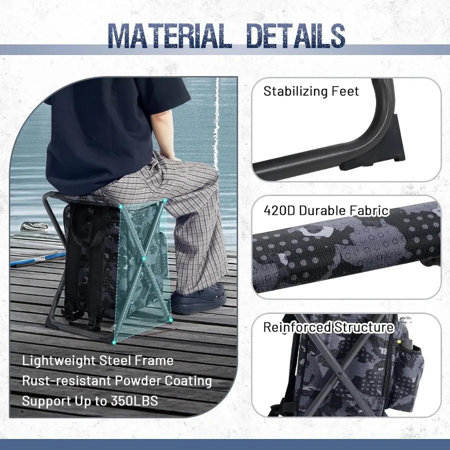 كرسي صيد محمول مع مسند ظهر قابل للتعديل وجيوب جانبية لصيد الأسماك في الهواء الطلق والتخييم والصيد خفيف الوزن ومتين #6