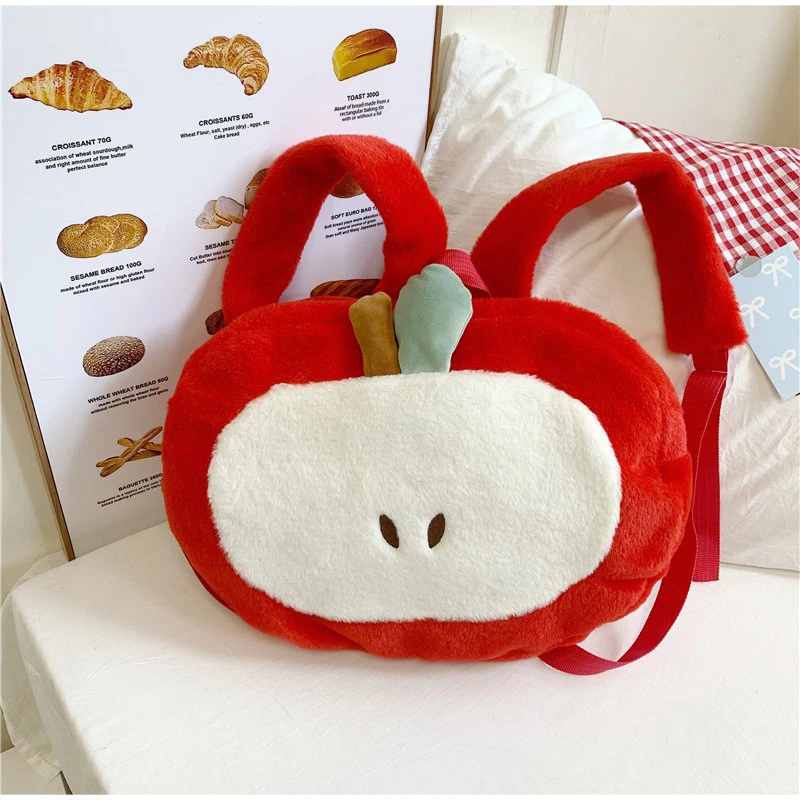 Rucksack und Umhängetasche, süße, niedliche, apfelförmige, leichte Kawaii-Handtasche aus Plüsch für Damen, Schultasche für Mädchen, Tagesrucksack – Detail 3