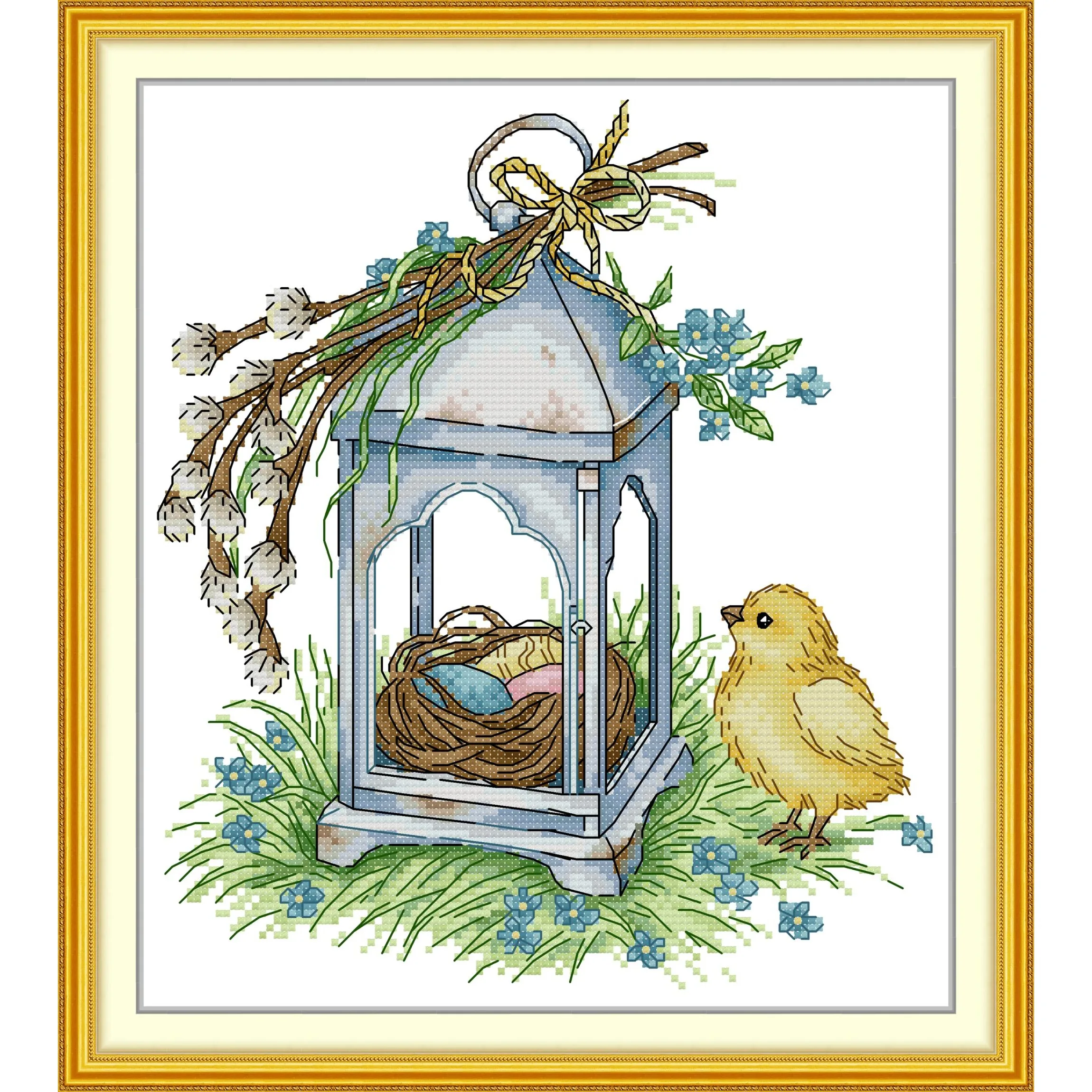 

Soulgift News Pre-Printed Cross Stitch Kit, Stamped Aida Fabric with DMC Threads, Embroidery Kit - Birdie and The Lamp