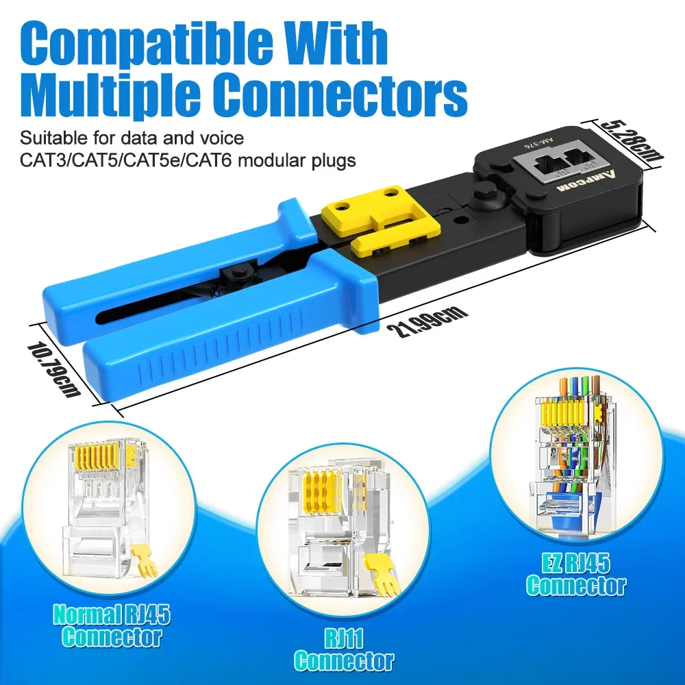 เครื่องมือเข้าหัว RJ45 AMPCOM แบบ Pass Through สำหรับสาย Cat5 Cat5e Cat6 พร้อมฟังก์ชั่น Crimp, Cutter และ Stripper สำหรับ RJ45 RJ12 RJ11 8P 6P End Pass Through connector