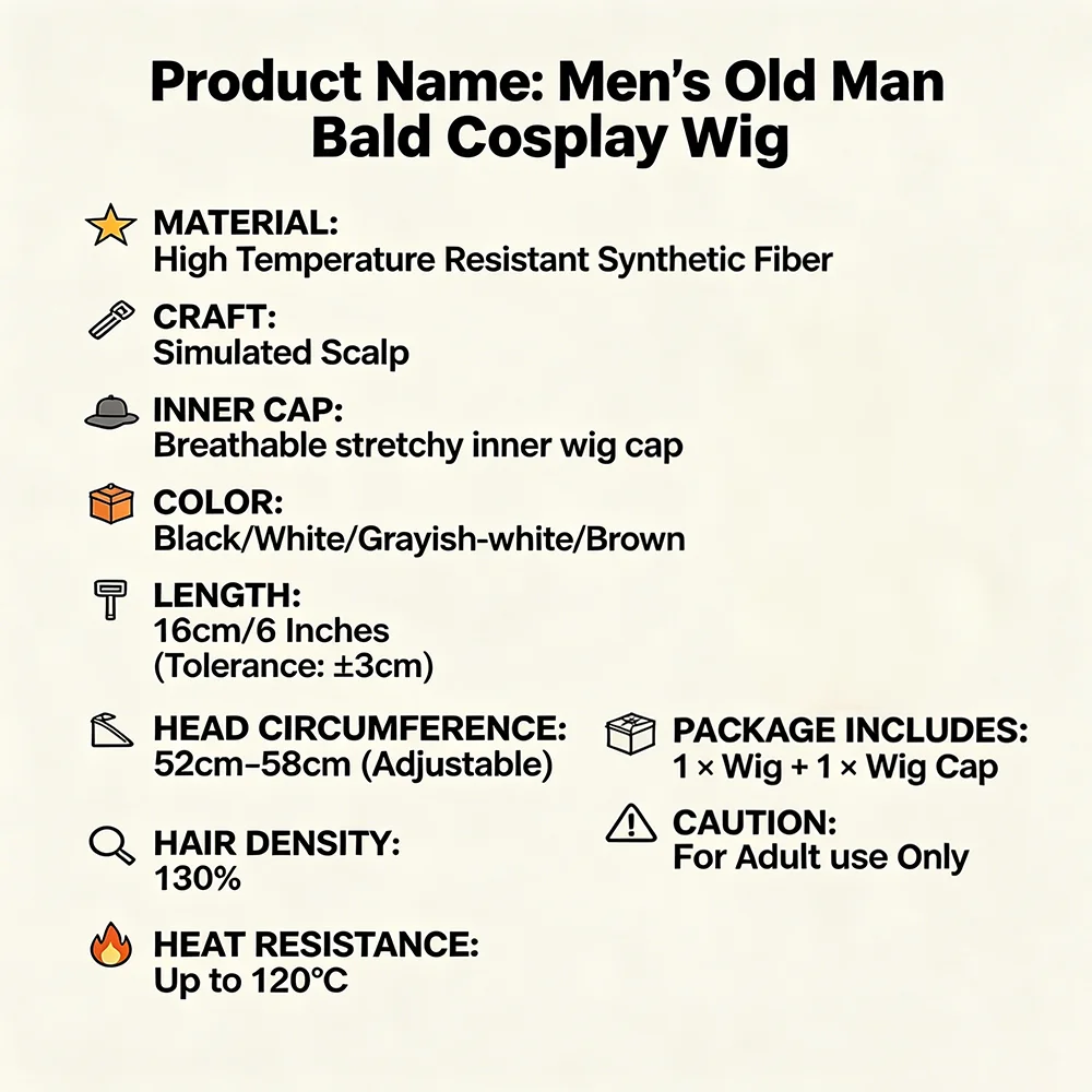 Instant Old Man Wig Salt and Pepper Bald Wig With Integrated Scalp Funny Cosplay Wig For Balding Men Party Halloween