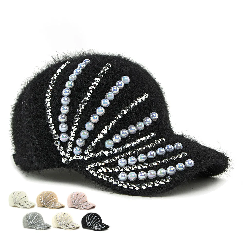 Simple Solid Color Warm Baseball Cap Inlaid with Diamond Pearl Decoration Baseball Cap Dot Pearl Diamond Knitted Handmade Hat