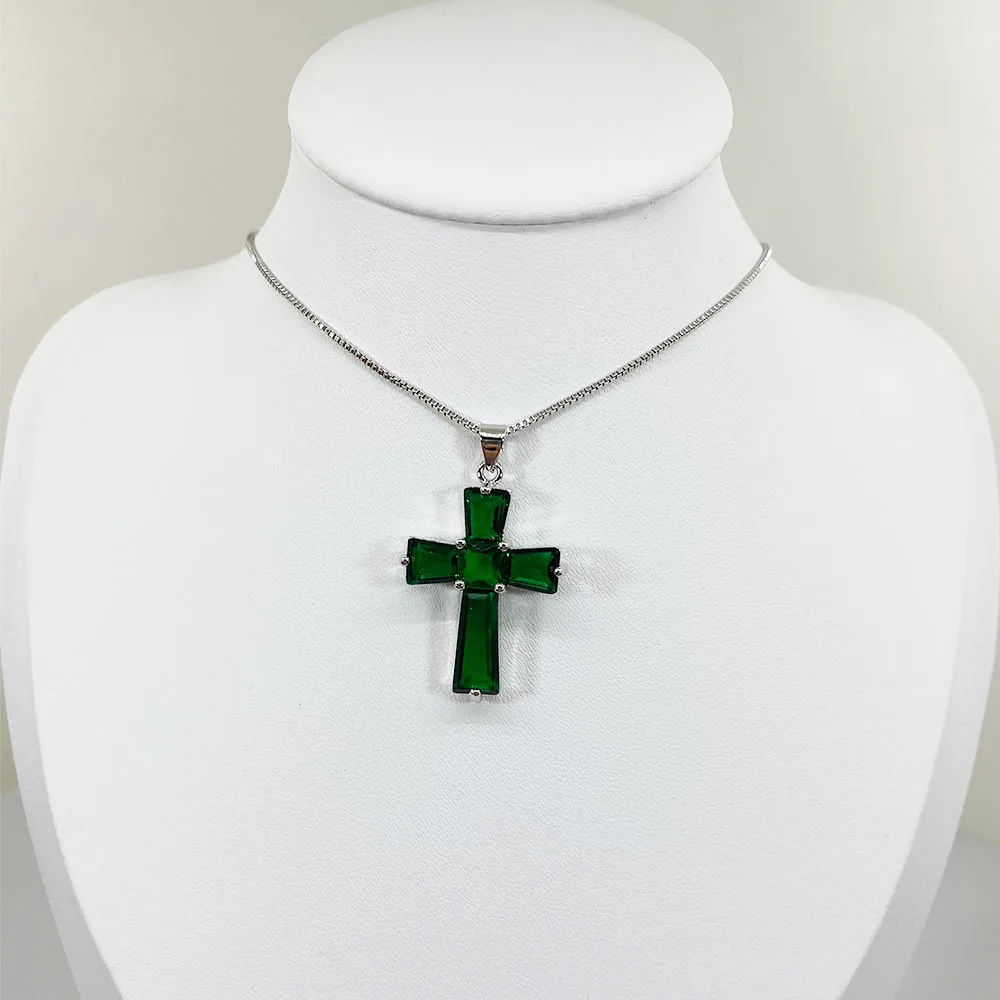 HOYON Cross Emerald Pendants Luxurious S925 Streling Silver Color Necklaces Peridot De Emerald Turquoise Bizuteria for Men Women