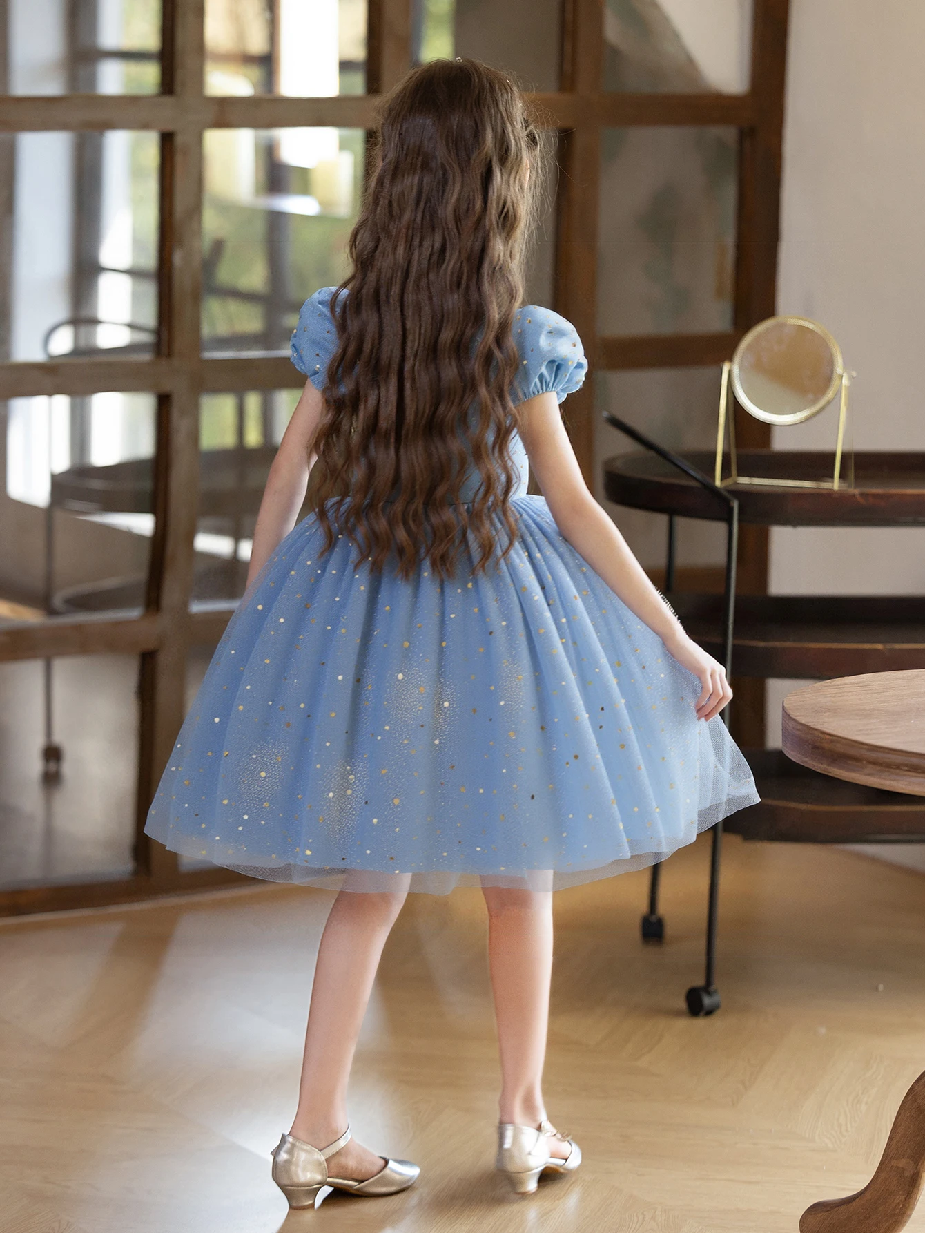 Girl Middle And Large Children Gray Blue Short Dress Fluffy Gauze Starry Sky Dress Princess Dress