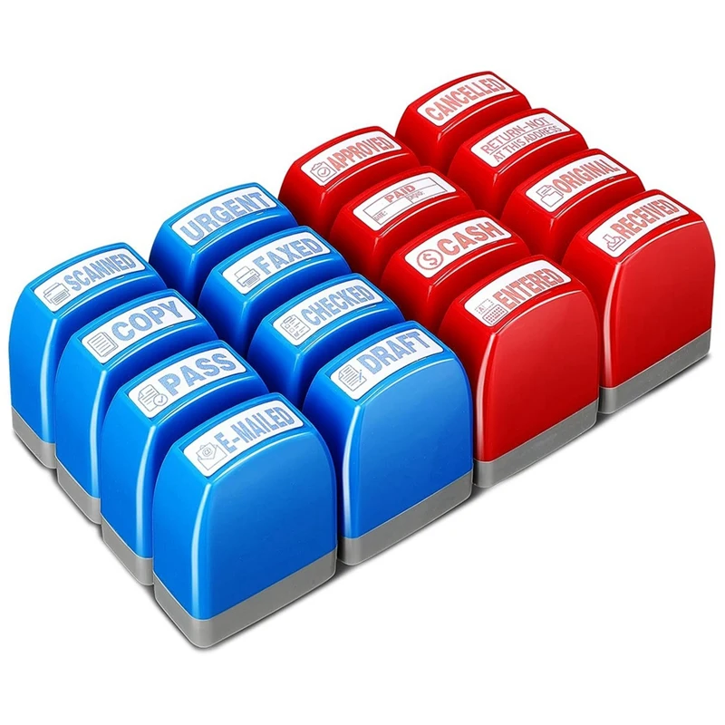 16 Pcs Self Inking Rubber Stamp Set For Office Stamps Approved Paid Copy Faxed Scanned Stamps Message Account Stamps Red & Blue