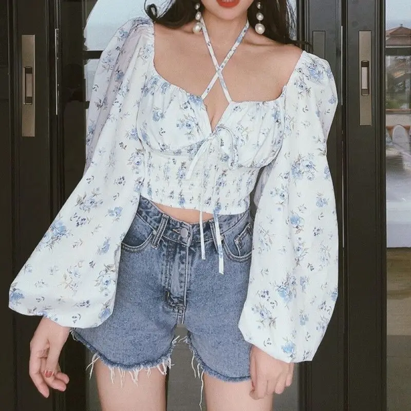 

Women's Spring and Summer Retro Square Neck Cross-strap Waist Holiday Shirt Shirt