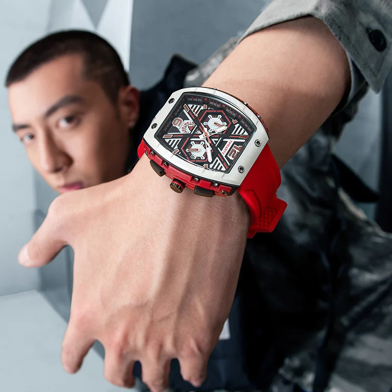 タイムアートX 5560 ビジネス多機能クロノグラフ メンズ 夜光クォーツ腕時計 ワイン樽型曲面ミラー付き