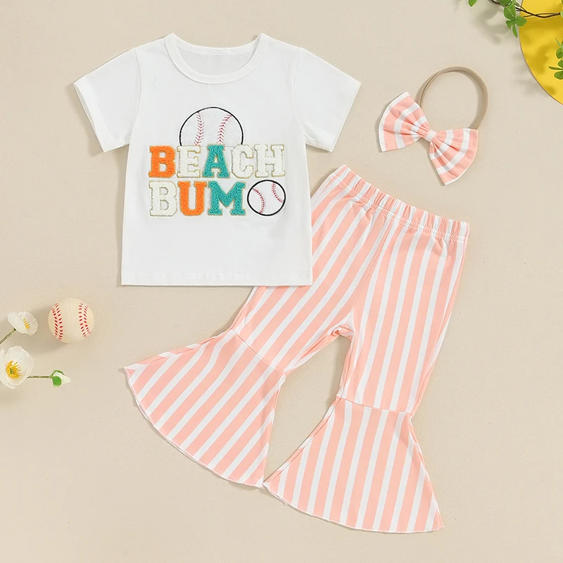 3-Piece Toddler Girls Set Short Sleeve Round Neck Tops Striped Flare Trousers Bow Headpiece Outfits