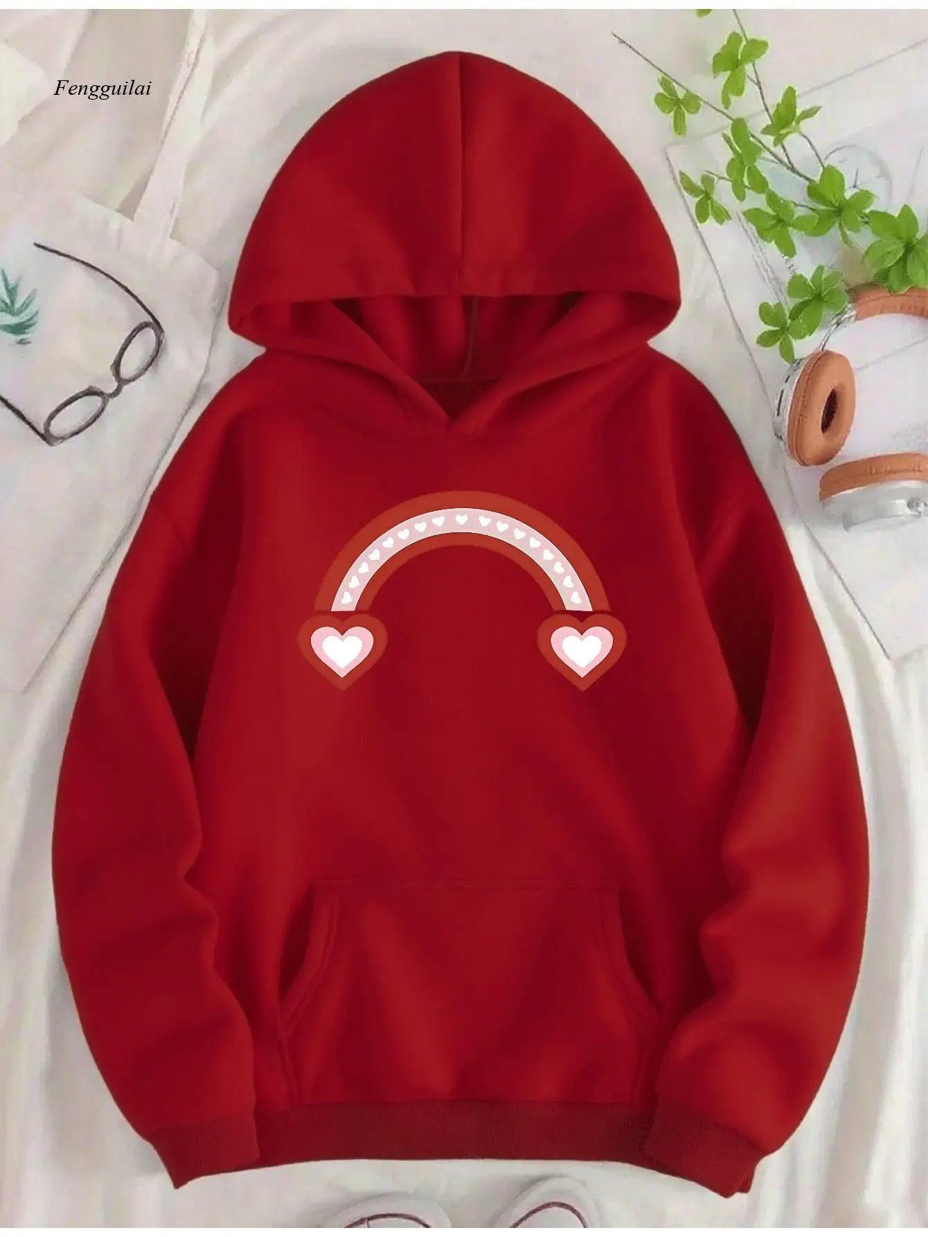 

Зеленая толстовка с капюшоном и принтом сердца и радуги — пуловер с капюшоном, повседневное зимнее тепло с длинными рукавами